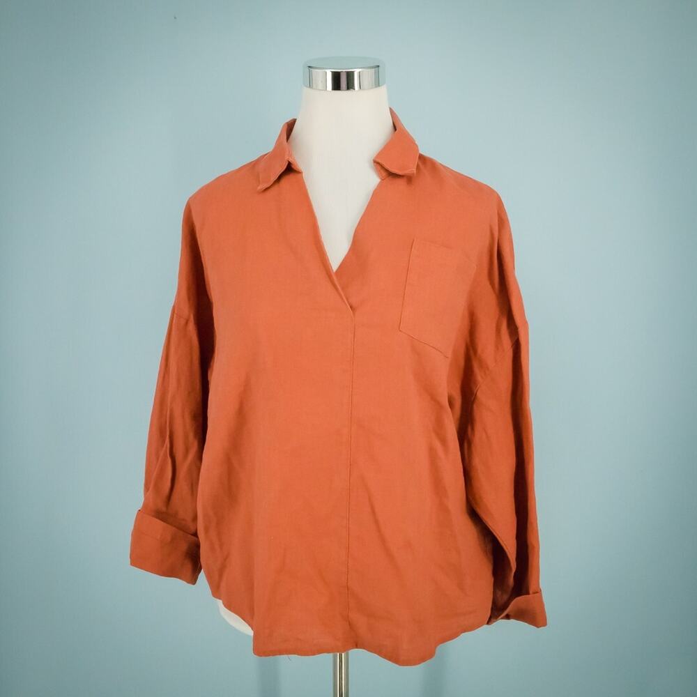 Lintico Size Small S Orange Collared V Neck Lagenlook Linen Cotton Blend Top